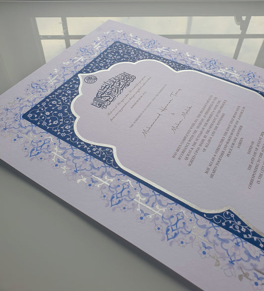 Wa'd - Silver Navy Embellished Nikah Certificate