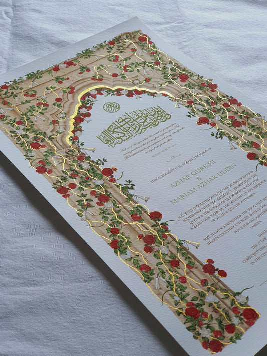 Scarlet Bloom - Gold Embellished Nikah Certificate