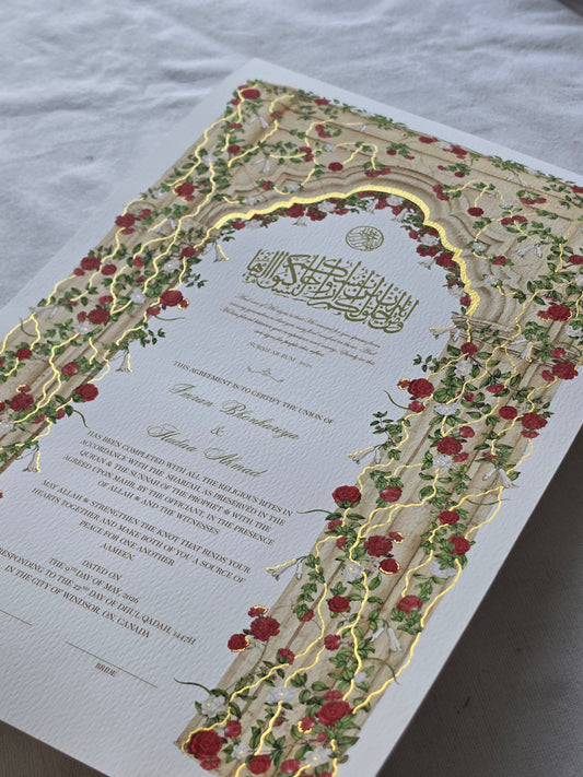 Scarlet Bloom - Gold Embellished Nikah Certificate