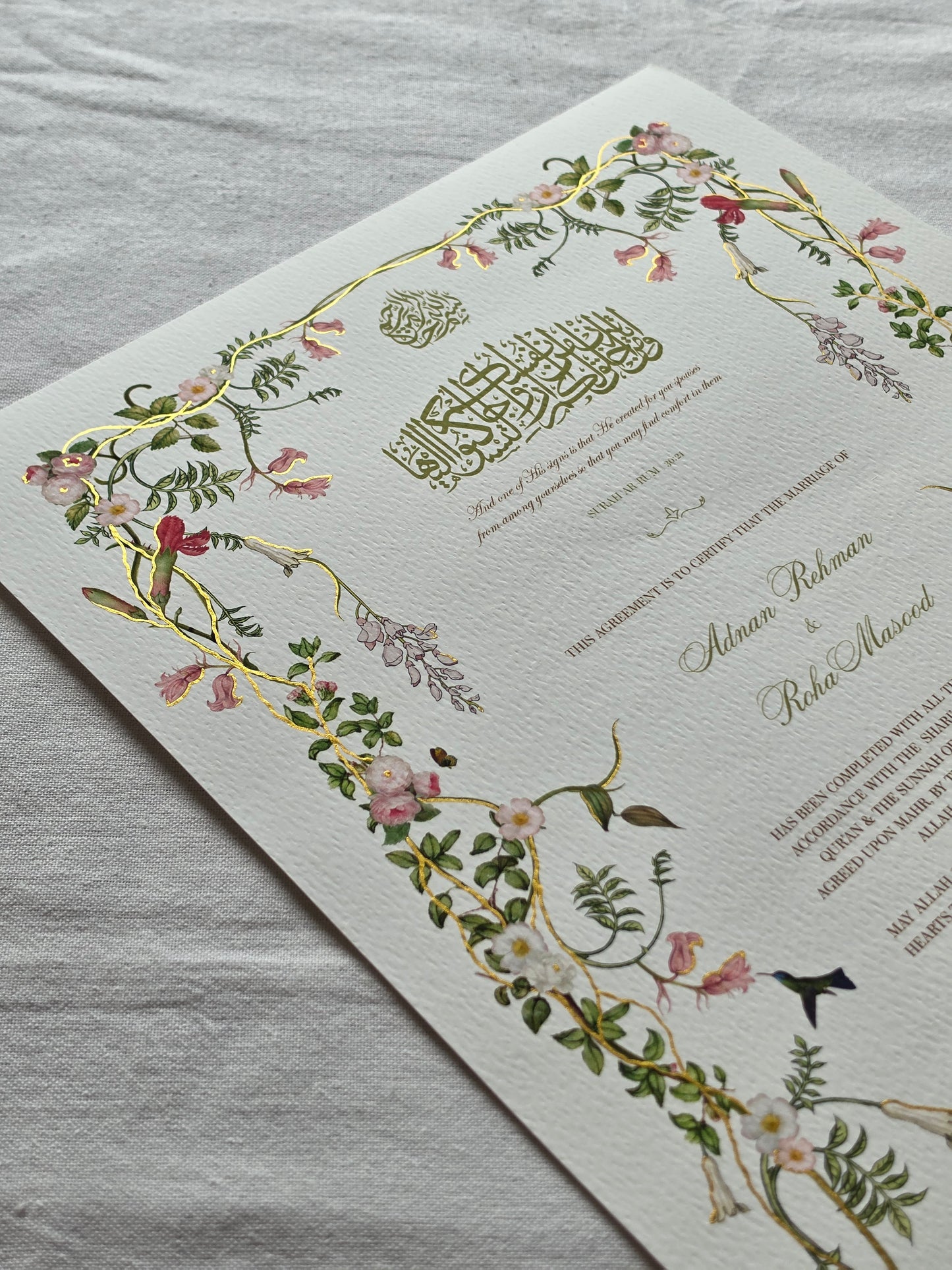 Dance of the Hummingbird - Gold Embellished Nikah Certificate