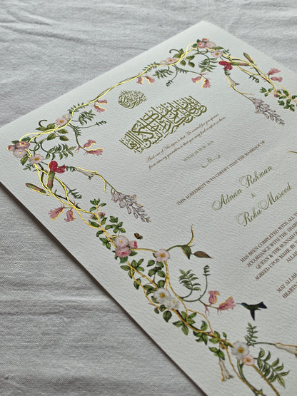 Dance of the Hummingbird - Gold Embellished Nikah Certificate