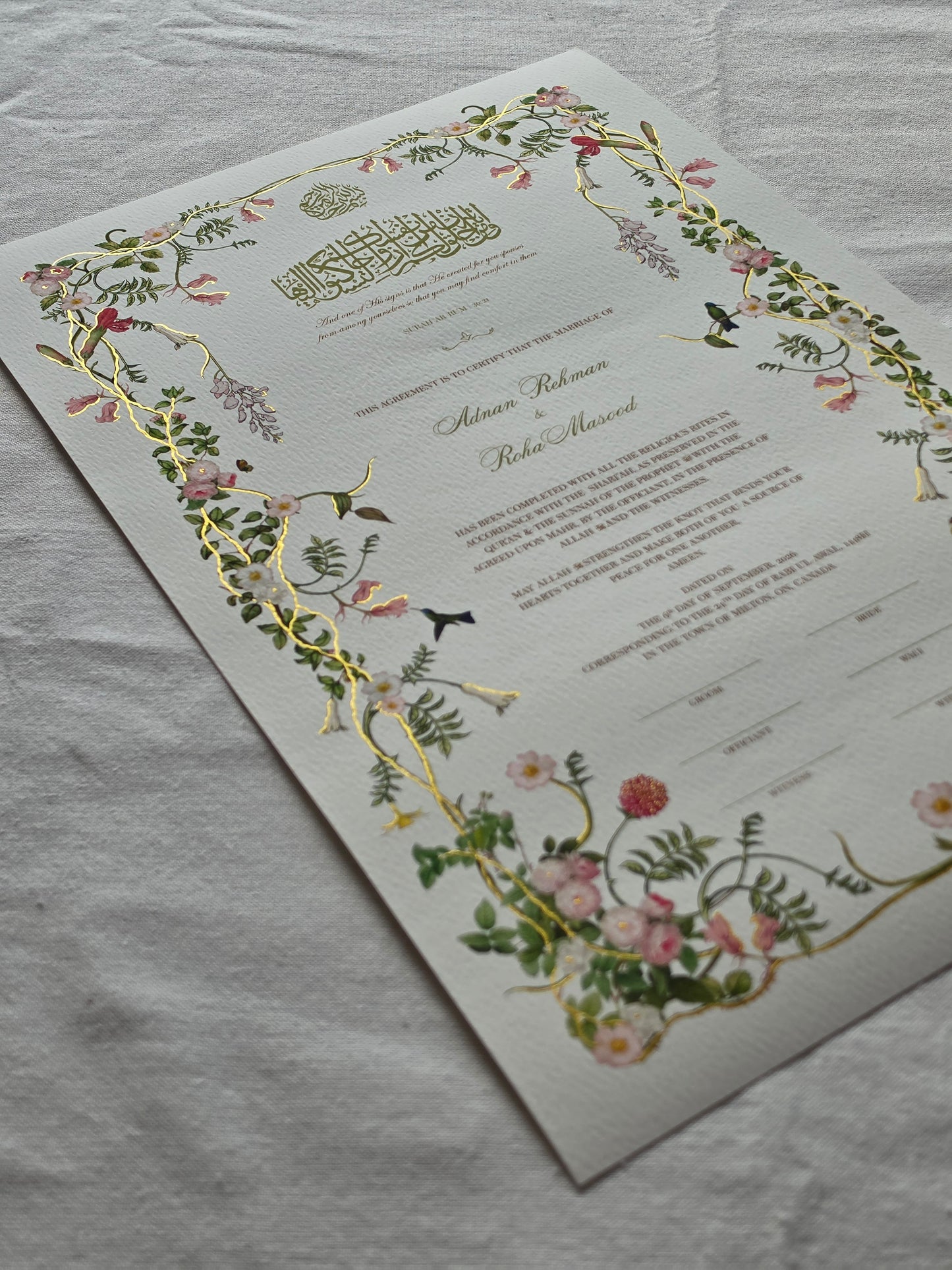 Dance of the Hummingbird - Gold Embellished Nikah Certificate